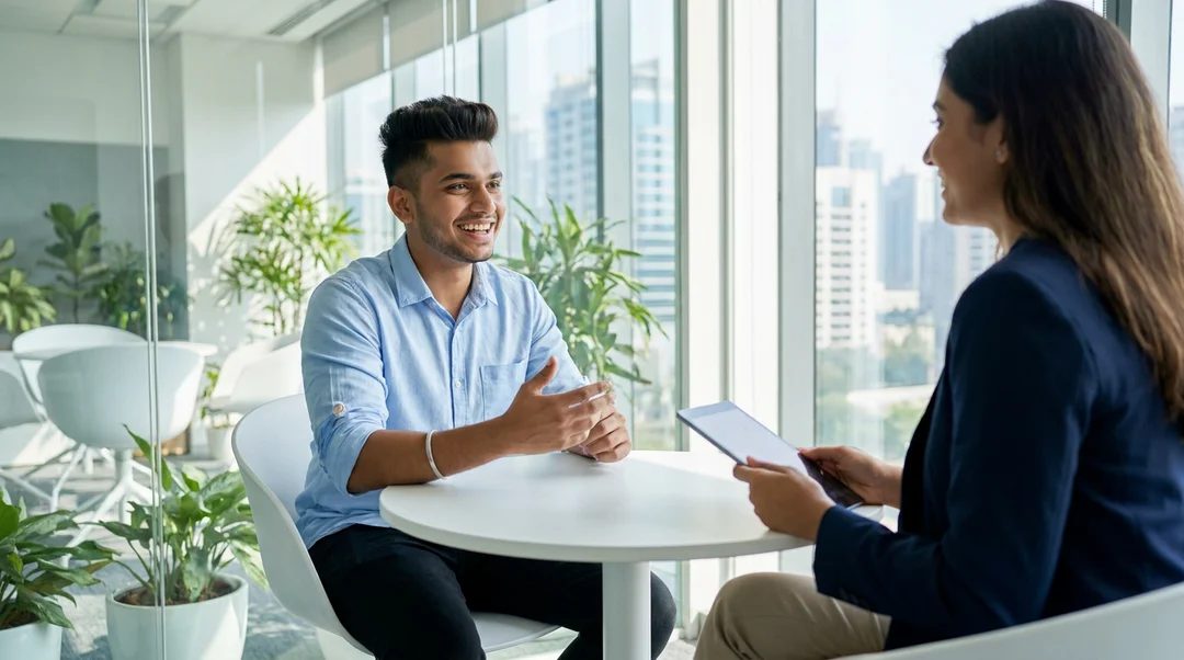 A student answering questions in a mock interview
