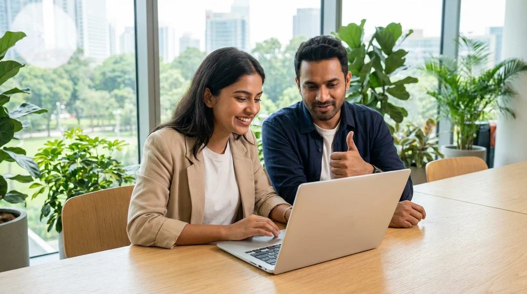 A trainer and a graduate reviewing her resume together